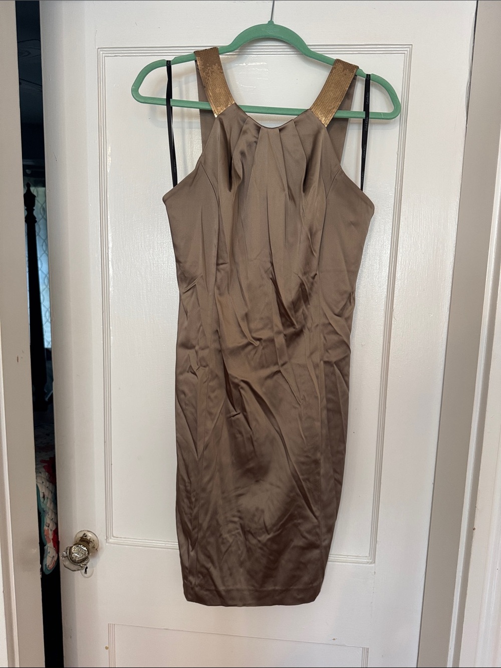 Calvin Klein Taupe Midi Sheath Dress with Gold Shoulder Detail